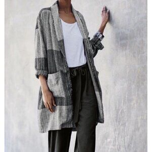 Eileen Fisher Sz S Organic Cotton Black Color Block Fringed Duster Jacket Womens